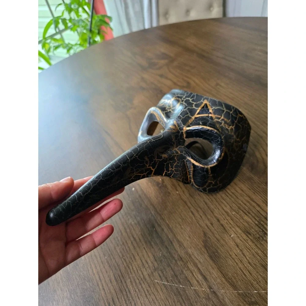 Black & Gold Crackle Plague Doctor Mask With Long Nose & Elastic Strap